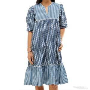 Saint Geraldine blue flower embroidery V-neck tiered hem with pockets XS